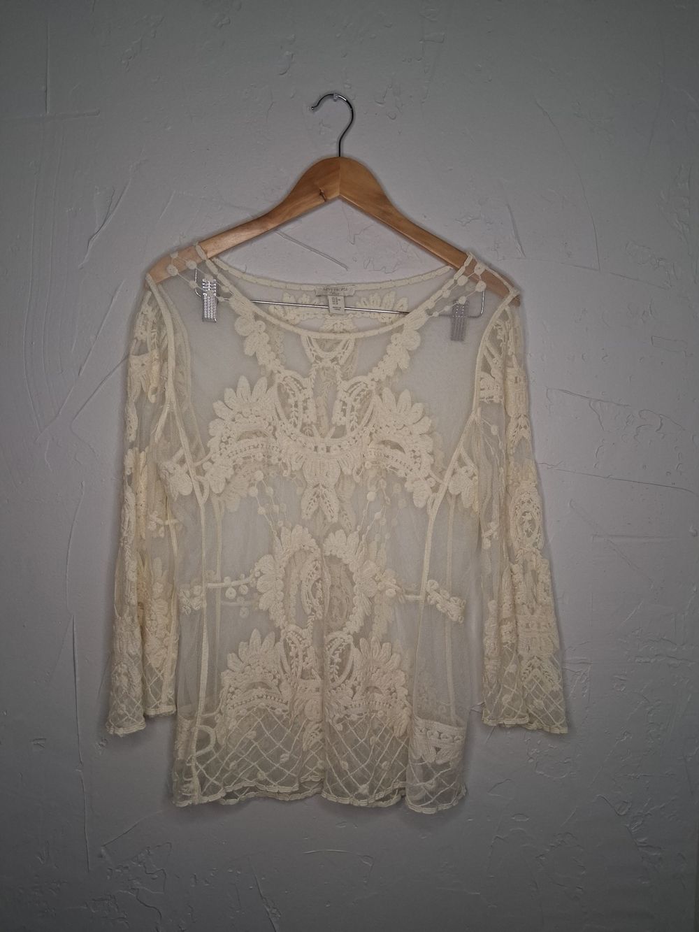 Saint Tropez West Ivory Lace Mesh Boho Kimono Top Sheer Crochet Overlay Size M